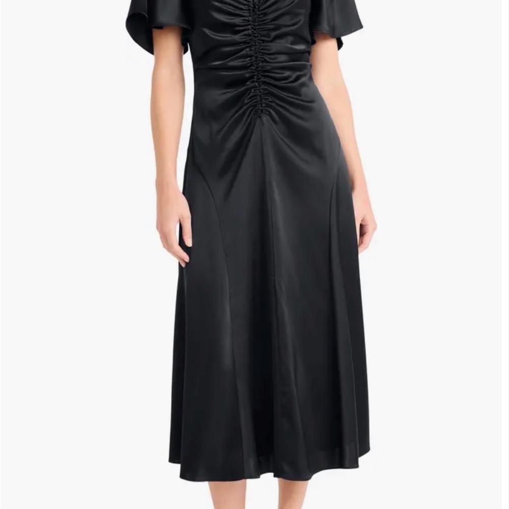 Flutter Sleeve Ruched Satin Midi Dress